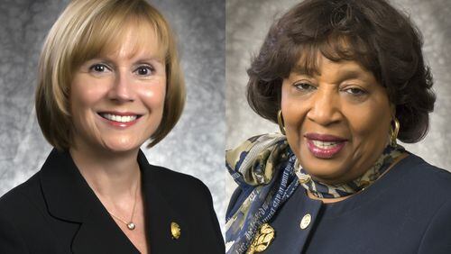 Julia Bernath, left, and Linda Bryant, right, were chosen by fellow Fulton County school board members to serve as the board's vice president and president, respectively.