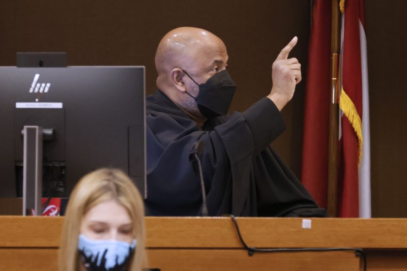 Fulton County Superior Court Chief Judge Ural Glanville points out as he speaks in the courtroom during the Jury selection portion of the trial on Monday, Feb 6, 2023. Miguel Martinez / miguel.martinezjimenez@ajc.com