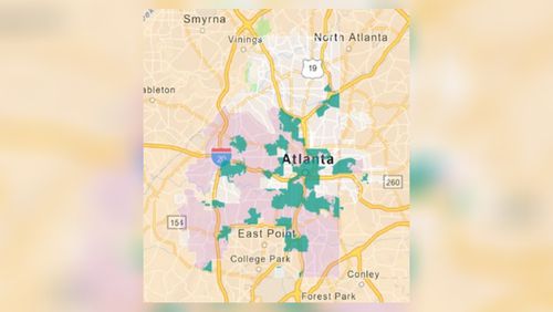 The green portions of this map show parts of Atlanta that formerly had low access to fresh food but now have a grocery store or market nearby. The pink parts are currently defined as low-income and low-access. Credit: City of Atlanta Fresh Food Access Report)