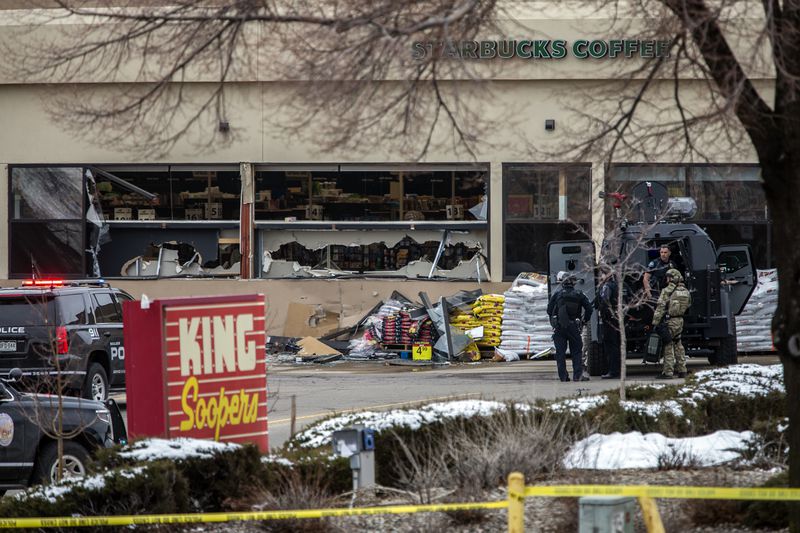 Tactical police units respond to the scene of a King Soopers grocery store after a shooting on March 22, 2021 in Boulder, Colorado. Dozens of police responded to the afternoon shooting in which at least one witness described three people who appeared to be wounded, according to published reports.