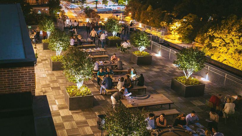 The rooftop beer garden at Nine Mile Station offers views of the downtown, Midtown and Buckhead skylines. (Evan West)