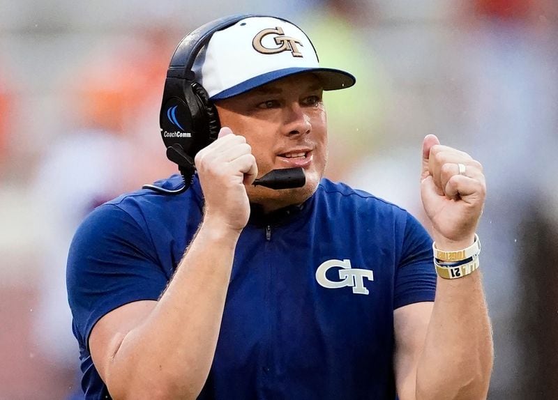 Georgia Tech head coach Geoff Collins reacts after a Tech field goal in the first half of an NCAA college football game against Clemson, Saturday, Sept. 18, 2021, in Clemson, S.C. (AP Photo/John Bazemore)