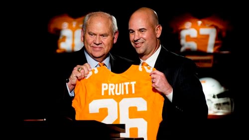 University of Tennessee athletic director Phillip Fulmer (left) introduces Jeremy Pruitt as Tennessee's next head football coach in Knoxville, Tenn., Thursday, Dec. 7, 2017.