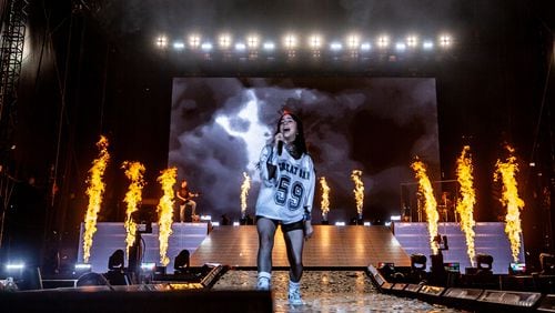 Atlanta, Ga: Billie Eilish headlined Saturday night at Music Midtown showing why she's one of the biggest forces in pop music with an onslaught of hits and raw energy. Photo taken Saturday, September 16, 2023 at Piedmont Park. (RYAN FLEISHER FOR THE ATLANTA JOURNAL-CONSTITUTION)