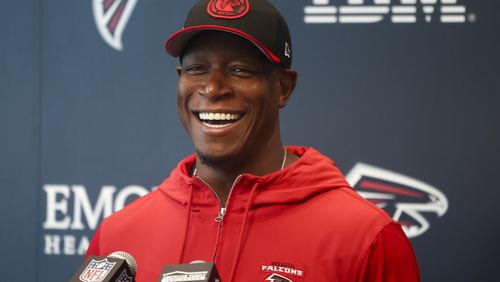 Falcons head coach Raheem Morris speaks to the media during minicamp at the Atlanta Falcons Training Camp, Tuesday, May 14, 2024, in Flowery Branch, Ga. (Jason Getz / AJC)
