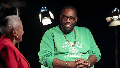 Killer Mike speaks with Monica Pearson, left, during the AJC show, filmed, Friday, December 15, 2023, in Atlanta. Her celebrity interview show on the AJC will be similar to her WSB-TV’s “Monica Close Ups.” Pearson brings five decades of experience to new talk show. (Jason Getz / Jason.Getz@ajc.com)