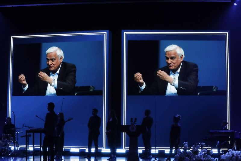 More than 300 people, including Vice President Mike Pence, attended a memorial service at Passion City Church for evangelist and Christian apologist Ravi Zacharias (shown on screen) on Friday, May 29, 2020, in Atlanta. AP PHOTO / BRYNN ANDERSON
