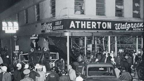 This is the October 31, 1963 scene on the Marietta Square at the site of the explosion at Atherton Drugs that left several people dead and others injured. The explosion was at 6:23 pm. The historical photo, courtesy of the Marietta Fire Department, was taken by Bartow Adair, who was at the time chief investigator for the Marietta Fire Department. Today this building is the home to a restaurant, the Marietta Pizza Company.