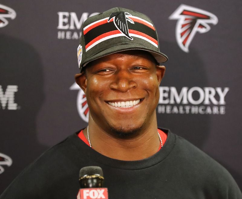 Falcons defensive coordinator Raheem Morris takes questions during a series of press conferences with coaches at the team training facility on Tuesday, March 10, 2020, in Flowery Branch.  Curtis Compton ccompton@ajc.com