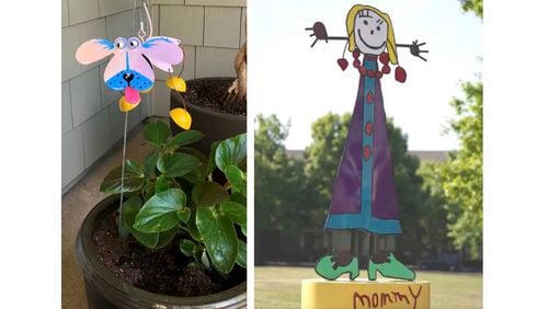 On the left, one of artist Anna Fleckstein and her daughters' yard ornaments, part of Suwanee's Art on a Limb and on the right, a creation by Benson Sculpture, a family of six artists, from a drawing from patriarch Lee Benson’s granddaughter, Reese - part of Suwanee's 2022 SculpTour. (Courtesy City of Suwanee)