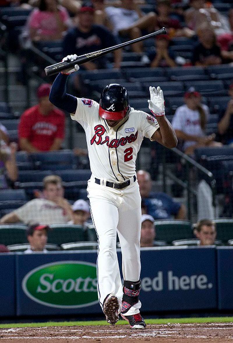 Atlanta Braves' B.J. Upton reacts after striking out in the third inning of a baseball game against the Washington Nationals on Saturday, Aug. 9, 2014, in Atlanta. (AP Photo/John Bazemore) B.J. Upton after whiffing. (John Bazemore/AP)