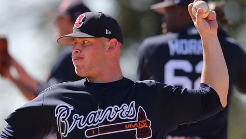Braves prospect A.J. Minter, pictured at spring training, pitched a perfect inning with two strikeouts in his first minor league appearance Tuesday after returning from an arm injury. (Curtis Compton/ccompton@ajc.com)
