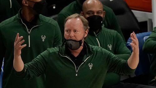 Milwaukee Bucks head coach Mike Budenholzer reacts to a call during the second half of an NBA basketball game against the Philadelphia 76ers Saturday, April 24, 2021, in Milwaukee. (AP Photo/Morry Gash)