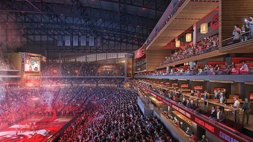 The Atlanta Hawks are pushing for a major renovation of Philips Arena as the team tries to woo more millennial fans. One change team leaders envision is premium seating that isn’t as walled off from other fans as the arena’s current big suites are. Renderings of the arena’s proposed interior were provided by the Atlanta Hawks.