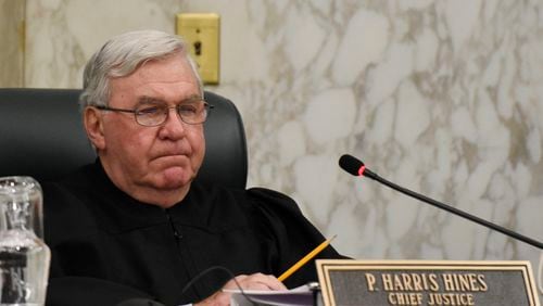 Then-Chief Justice Harris Hines listens to oral arguments at the Georgia Supreme Court in January 2017. Hines, 75, died in a car accident on Sunday. (DAVID BARNES / DAVID.BARNES@AJC.COM)