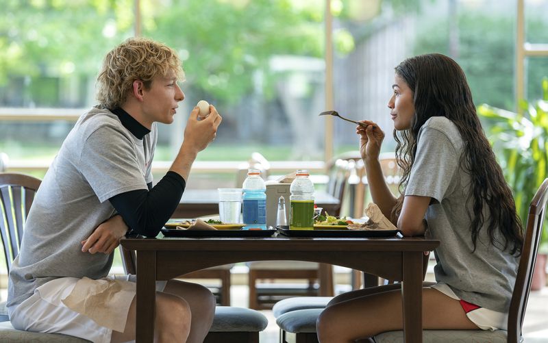 This image released by Metro Goldwyn Mayer Pictures shows Mike Faist, left, and Zendaya in a scene from "Challengers." (Metro Goldwyn Mayer Pictures via AP)
