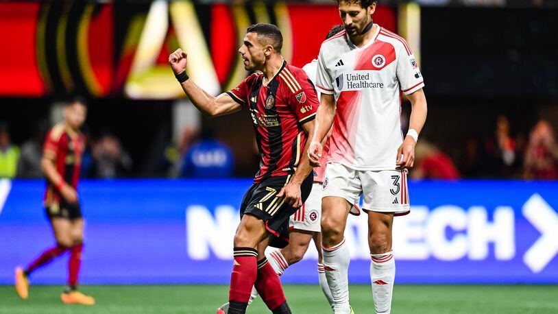 Atlanta United forward Giorgos Giakoumakis #7 celebrates after a goal during the second half of the match against New England Revolution at Mercedes-Benz Stadium in Atlanta, GA on Wednesday May 31, 2023. (Photo by Mitchell Martin/Atlanta United)