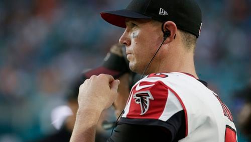 Atlanta Falcons quarterback Matt Ryan (2) watches the game from the sidelines, during the first half of an NFL preseason football game against the Miami Dolphins, Thursday, Aug. 10, 2017, in Miami Gardens, Fla. (AP Photo/Lynne Sladky)