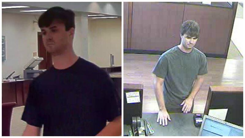 A male suspect allegedly robbed banks in Tifton (left) and Alpharetta in 2016.