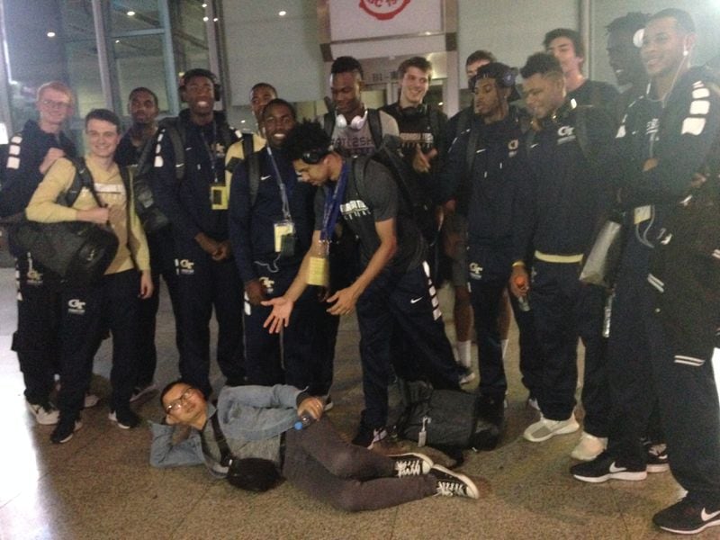 The tour guide who went by Tony poses with the Georgia Tech team in Shanghai Hongqiao Railway Station after he had traveled with the team from Hangzhou to Shanghai.