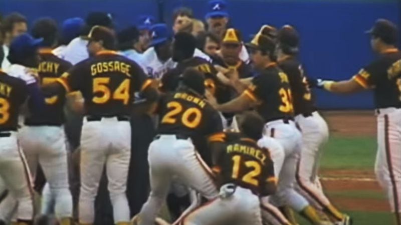 An image from a YouTube video of the Braves-Padres brawl at Atlanta-Fulton County Stadium on Aug. 12, 1984.