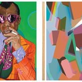 Ingrid "Yuzly" Mathurin portraiture of James Baldwin as “Mr. B” (left) and bold and beautiful artwork by Austin Blue are  great gifts for art aficionados.
(Courtesy of Comfiart)
