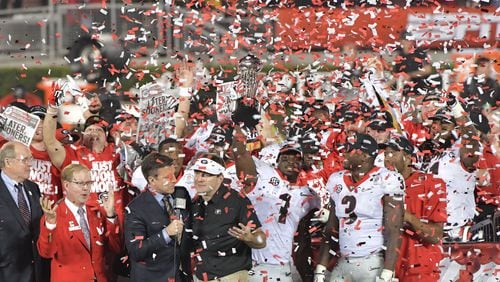 Georgia players celebrates their victory over the Oklahoma during the college football playoff semifinal between Georgia and Oklahoma at the Rose Bowl .