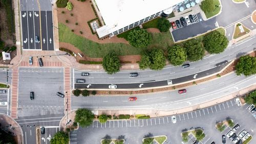 This is an areal photograph of the completed intersection at Perimeter Center West at Perimeter Center Parkway.
