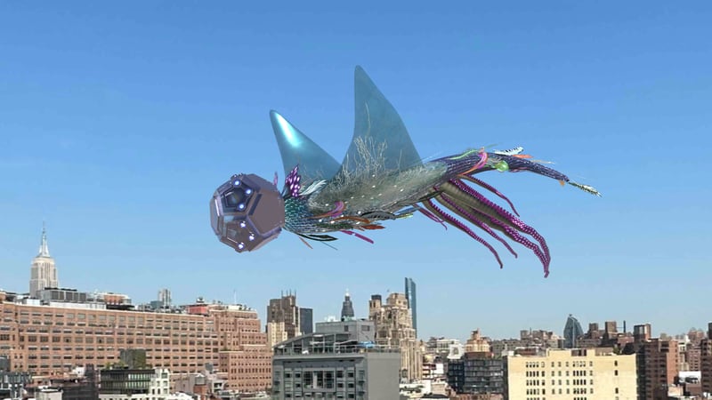 Nancy Baker Cahill's "CENTO" (2023) presented a giant hybrid beast — part machine, part octopus, part dragon — gracefully flying over New York City’s meatpacking district.