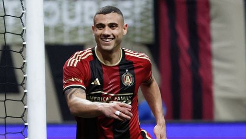 Atlanta United forward Giorgos Giakoumakis (7) reacts after scoring his team’s first goal during the first half against the Chicago Fire at Mercedes-Benz Stadium on Sunday, March 31, 2024.
 Miguel Martinez / miguel.martinezjimenez@ajc.com