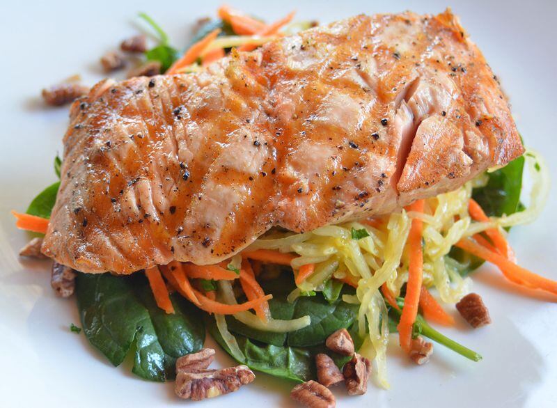 Canoe’s Grilled Atlantic Salmon with Spaghetti Squash Salad. STYLING BY MATT BASFORD / CONTRIBUTED BY ADRIENNE HARRIS