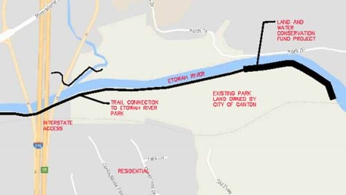 Map depicts the proposed extension of the Etowah River Park Trail in Canton and the portion seeking a National Park Service grant. CITY OF CANTON