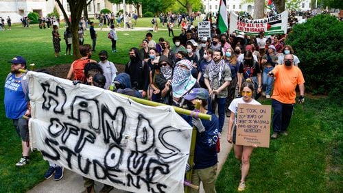Protesters gathered for a second day of pro-Palestinian demonstrations on the Emory University quad on Friday, April 26, 2024 (Ben Hendren for The Atlanta Journal-Constitution)