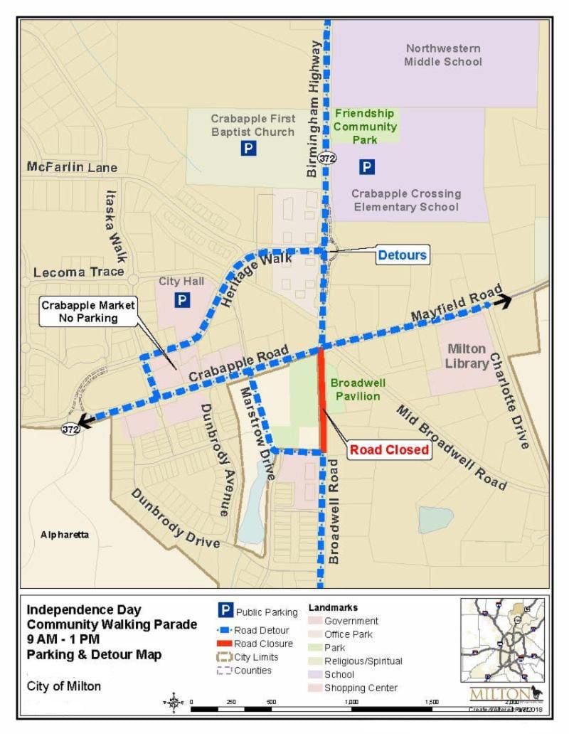 This is a map of road closures for the 2019 Milton Independence Day Walking Parade celebration on June 29, 2019.