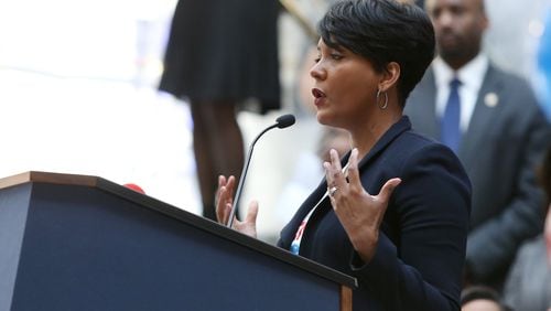 Atlanta Mayor Keisha Lance Bottoms spoke at a rally at City Hall Monday to announce the ATL Counts 2020 Census campaign. EMILY HANEY / emily.haney@ajc.com