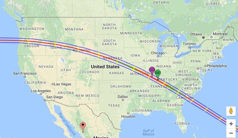 A screenshot of the Aug. 21, 2017, total solar eclipse path through the U.S. NASA, Google Maps
