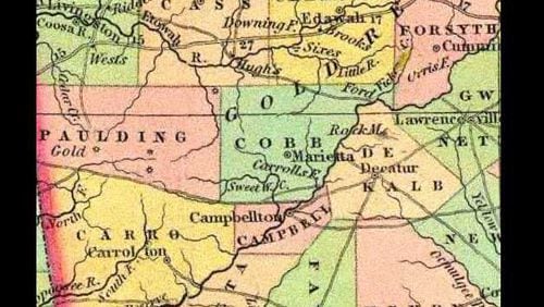 This is a map of Cobb County and the surrounding region from 1834, two years after the county was established.