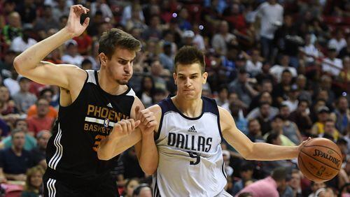 Dragan Bender (35) of the Phoenix Suns guards Nicolas Brussino ()of the Dallas Mavericks during the 2017 Summer League at the Thomas & Mack Center on July 9, 2017 in Las Vegas, Nevada. (Photo by Ethan Miller/Getty Images)