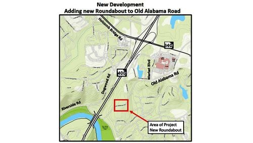 Map shows location of a new, multi-lane roundabout to be constructed on Old Alabama Road in Roswell. CITY OF ROSWELL