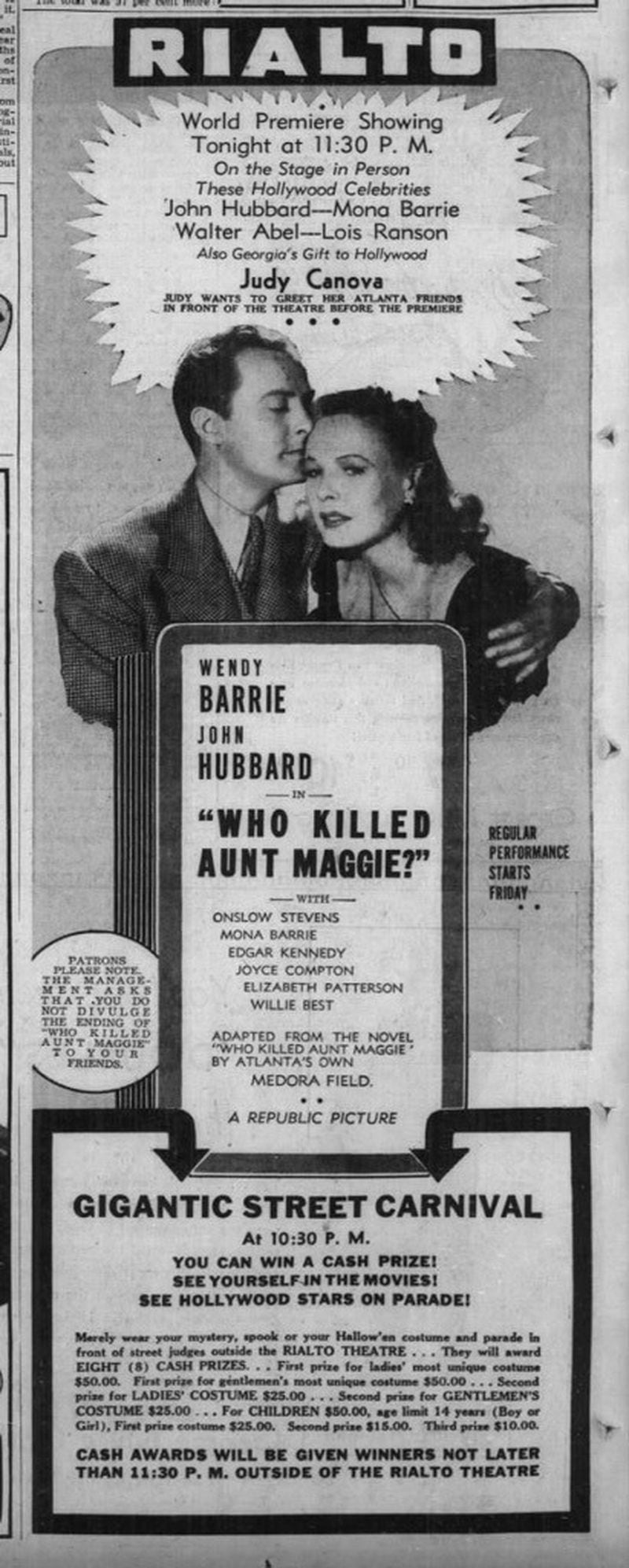 An ad in The Atlanta Constitution in 1940 for a Hollywood-style premiere of the film "Who Killed Aunt Maggie?" at the Rialto. AJC FILE