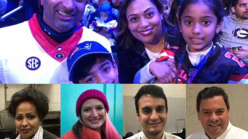 These are Friday's five faces in a Super Bowl crowd of thousands, left to right: The Patel family (left ro right, father Darsit, son Liam, mother Ketal and daughter Ava), Abby Hagos, Karen Anderson, Marco Russo and Artelle Peters.