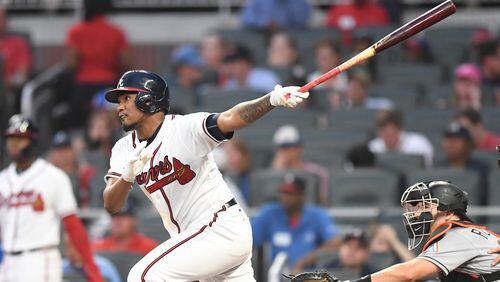 Julio Teheran of the Atlanta Braves knocks in a run with a second inning single against the Miami Marlins at SunTrust Park on July 30, 2018 in Atlanta, Georgia. (Photo by Scott Cunningham/Getty Images)
