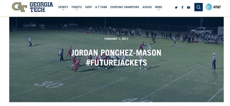 The page dedicated to Jordan Ponchez on the Georgia Tech website on national signing day in 2017.