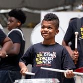 Chioma Narcisse-Williams, 9, is all smiles while practicing with the Lil Rascalz drum line in Atlanta on Sunday, July 30, 2023. The group won the golden buzzer on America's Got Talent. (Photo Courtesy of Ben Gray / Ben@BenGray.com)