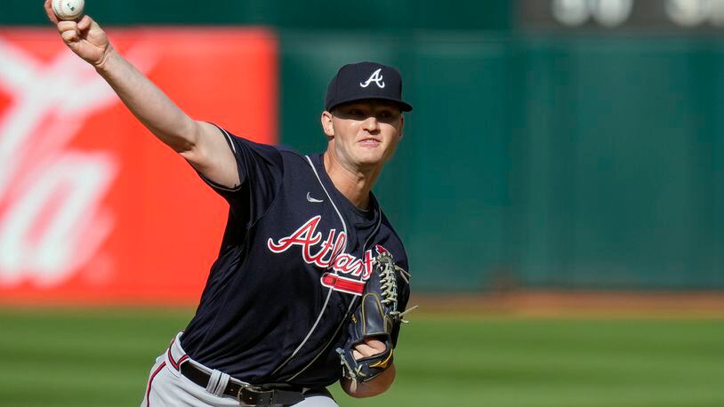 Braves pitcher Michael Soroka throws against the Oakland Athletics during the first inning of a baseball game in Oakland, Calif., Monday, May 29, 2023. (AP Photo/Godofredo A. Vásquez)