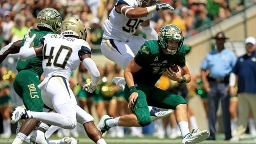 TAMPA, FL - SEPTEMBER 08:  Blake Barnett #11 of the South Florida Bulls rushes during a game against the Georgia Tech Yellow Jackets at Raymond James Stadium on September 8, 2018 in Tampa, Florida.  (Photo by Mike Ehrmann/Getty Images)