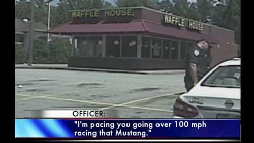 Alpharetta police finally caught up with a Roswell mom who they say was racing outside of a Waffle House.