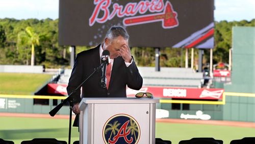 MLB commissioner Rob Manfred pauses before answering a question about the Houston Astros while holding his press conference during the "Florida Governor's Dinner" marking the start spring training at the Atlanta Braves' CoolToday Park Sunday, Feb. 16, 2020, in North Port, Fla.