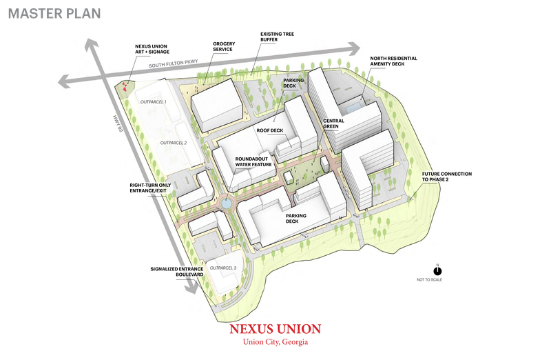 This is a site plan for Nexus Union, a proposed mixed-use district in Union City by Macauley Investments.