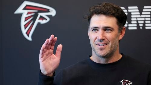 Falcons offensive coordinator Zac Robinson speaks to members of the media at the Atlanta Falcons Practice Facility, Wednesday, February 14, 2024, in Flowery Branch, Ga. (Jason Getz / jason.getz@ajc.com)